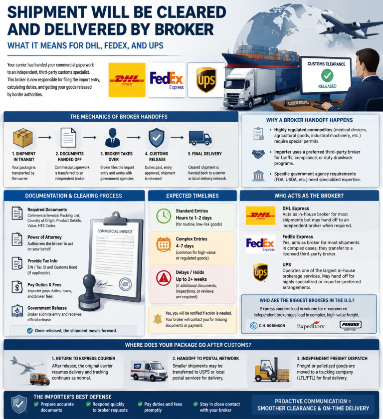What “Shipment Will Be Cleared and Delivered by Broker” Means for DHL, FedEx, and UPS