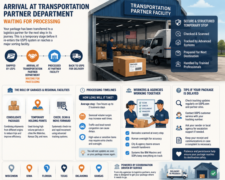 What Happens in the Arrival at Transportation Partner Department Waiting for Processing in US Garage